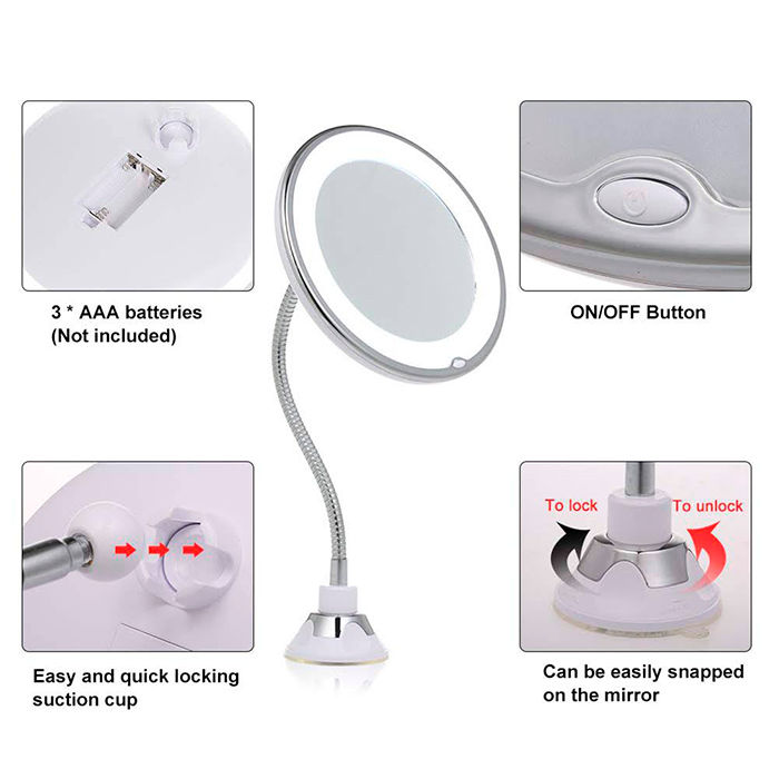 BeautyMirror, ogledalo s povečavo, močno LED lučko in upogljivim držalom - Image 6