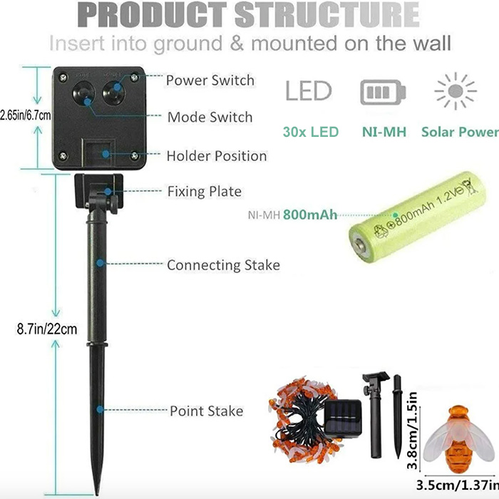 BeeLights, solarna svetilka s 30 LED lučkami v obliki čebel - Image 2