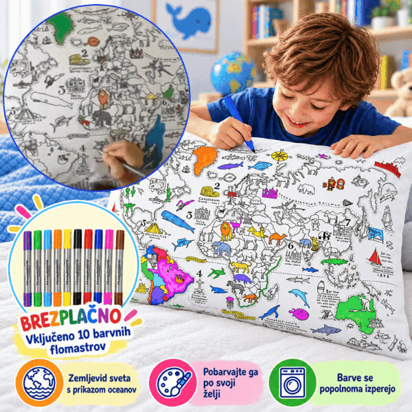 Pobarvaj vzglavnik - zemljevid sveta, ColoringPillow - video