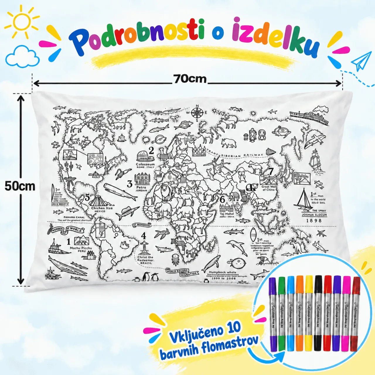 Pobarvaj vzglavnik - zemljevid sveta, ColoringPillow - Image 3
