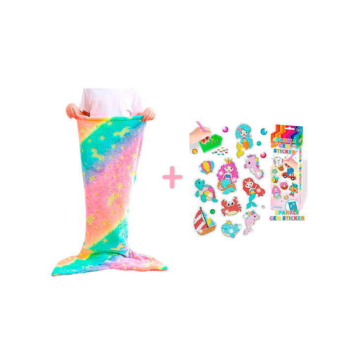 Paket SparkleMermaid vključuje 2 igrači - dekliško odejo z morskim repom ter komplet za ustvarjanje z diamanti in nalepkami!