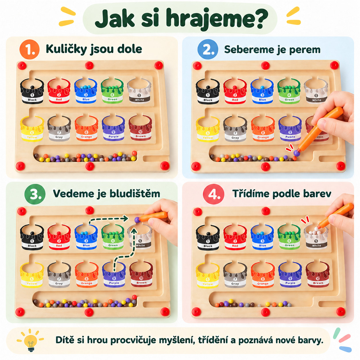 Otrok s pomočjo igrače uri miselne spretnosti in razvrščanje ter spoznava nove barve!